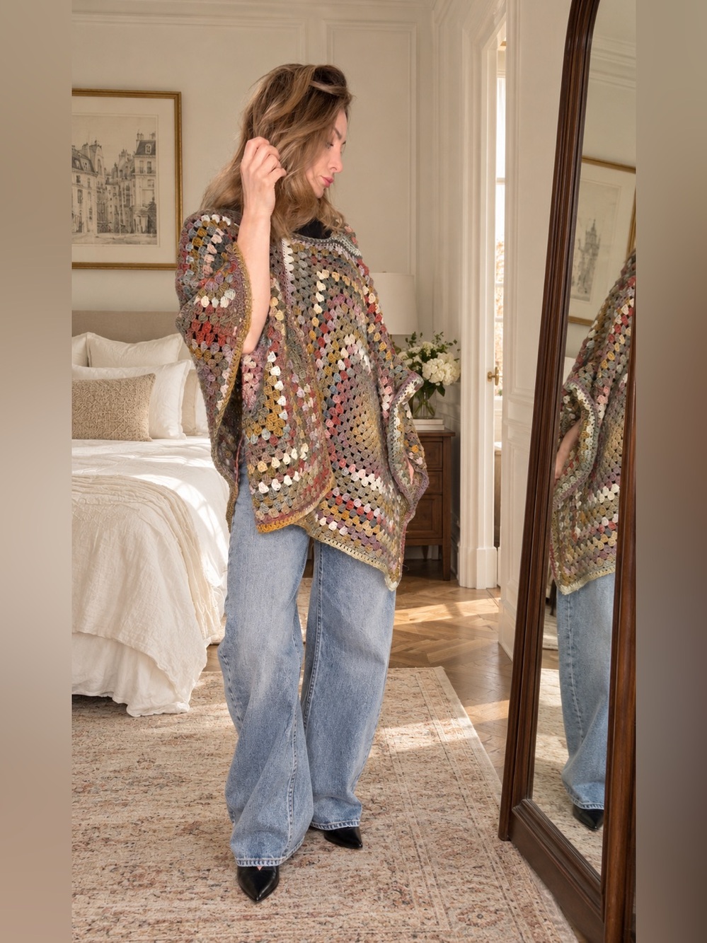 Handmade Granny Square Crochet Poncho Multicolor Earth Tone 70s Boho Wrap One Sz